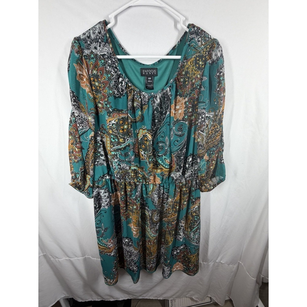 Enfocus Women Plus Size 18W Paisley Dress Boho Floral Chiffon Teal Green Lined